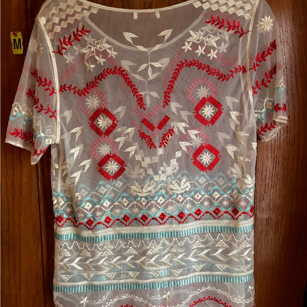 Embellished Red and Blue Short Sleeve Blouse